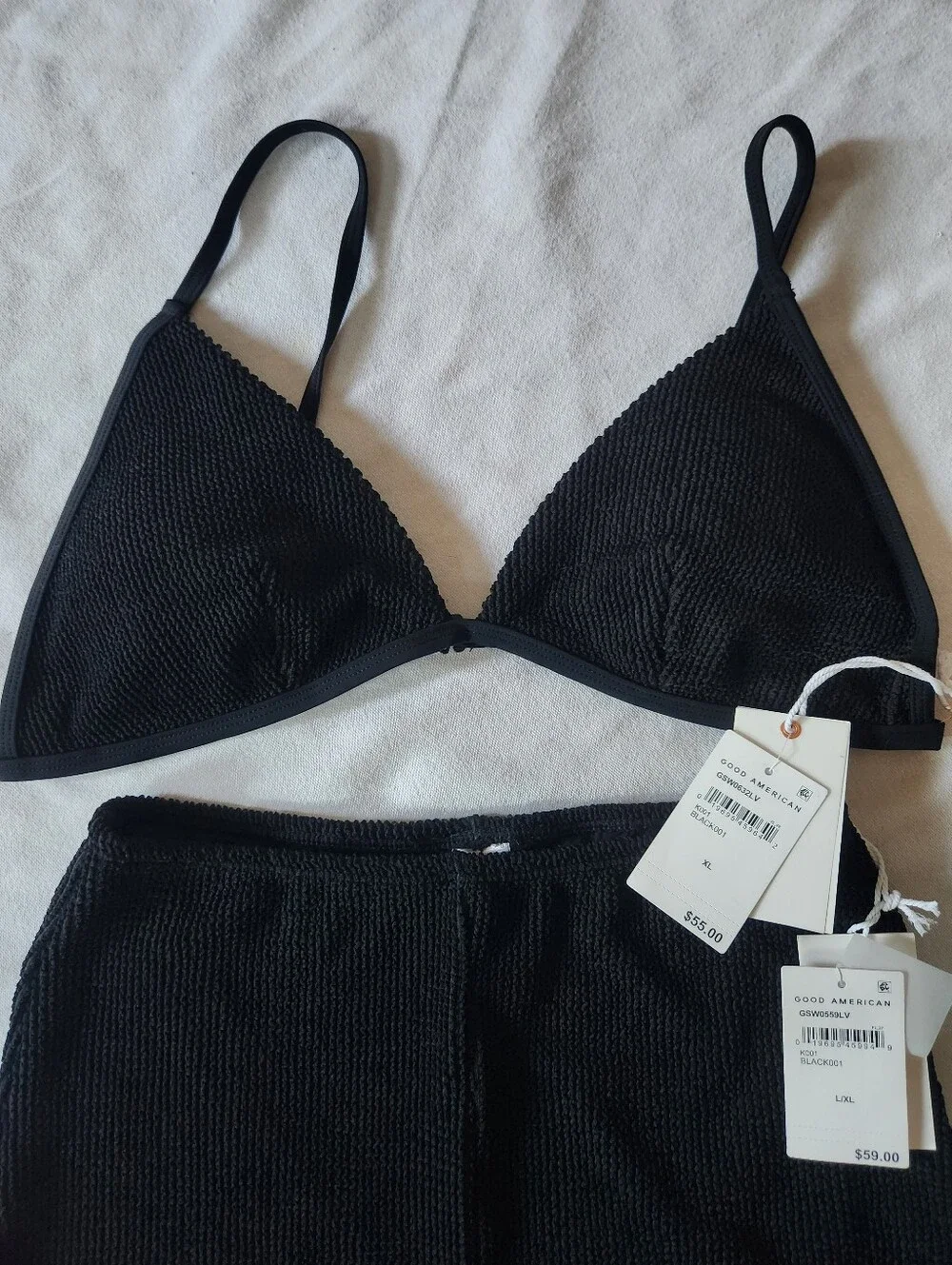 Good American Black Textured Bikini Top Swim Shorts Set XL L/XL NWT